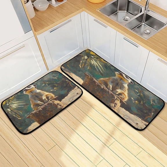 Kitchen Rugs and Mats2 PCSNon Skid Meerkat Sitting on Wooden Creative Kitchen Mat