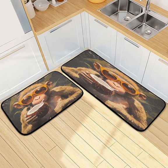 Kitchen Rugs and Mats2 PCSNon Skid Monkey with Glass Drinking Coconut Creative Kitchen Mat