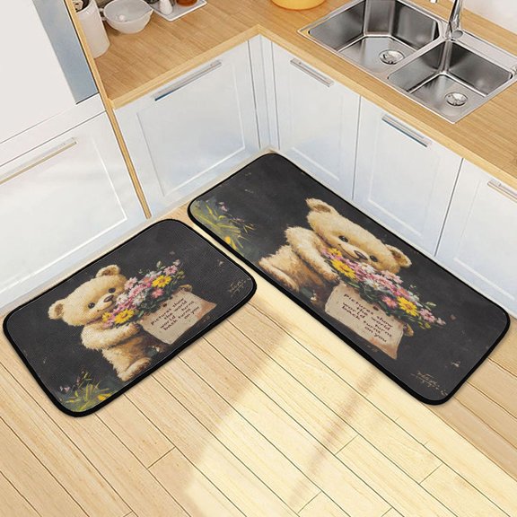 Kitchen Rugs and Mats2 PCSNon Skid Oil Plainting Cute Bear Creative Kitchen Mat
