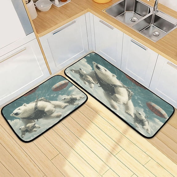 Kitchen Rugs and Mats2 PCSNon Skid Polar Bears Fly with Parachutes Creative Kitchen Mat