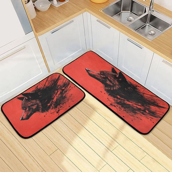 Kitchen Rugs and Mats2 PCSNon Skid Red Wolf Head Creative Kitchen Mat