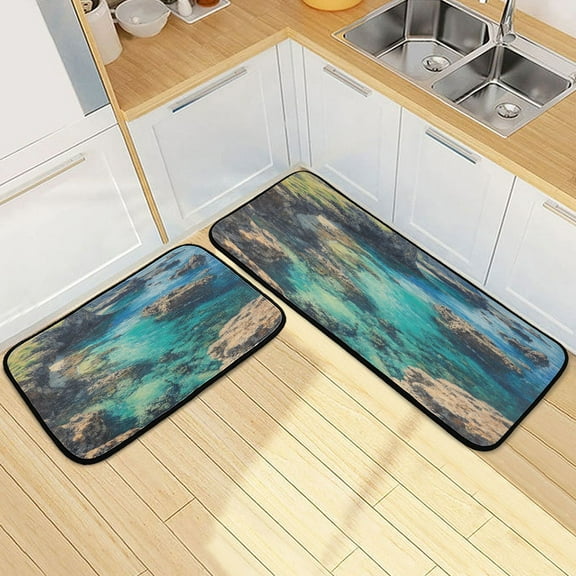 Kitchen Rugs and Mats【2 PCS】Non Skid Rugged Coastline Creative Kitchen Mat