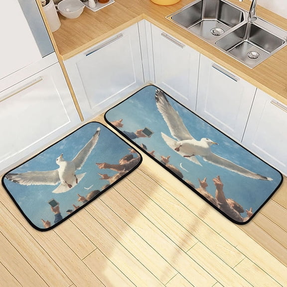 Kitchen Rugs and Mats2 PCSNon Skid Seagull Flying on Sky Pattern Creative Kitchen Mat