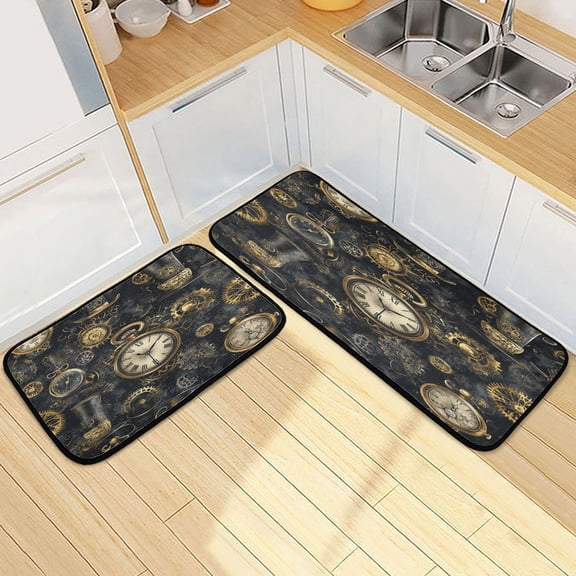 Kitchen Rugs and Mats2 PCSNon Skid Steampunk Clock Pattern Creative Kitchen Mat