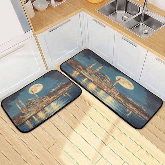 Kitchen Rugs and Mats【2 PCS】Non Skid The New Temple View Creative Kitchen Mat