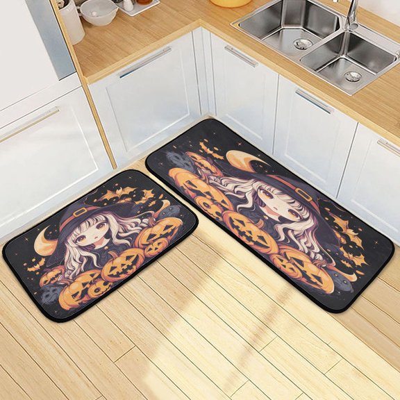Kitchen Rugs and Mats2 PCSNon Skid Vibrant Anime Witch Creative Kitchen Mat