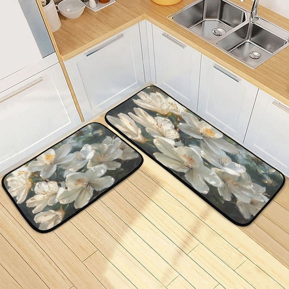 Kitchen Rugs and Mats【2 PCS】Non Skid White Flowers Blooming Creative Kitchen Mat