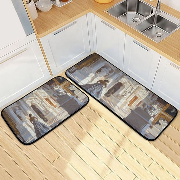 Kitchen Rugs and Mats2 PCSNon Skid White Marble Monument with Culpture Creative Kitchen Mat