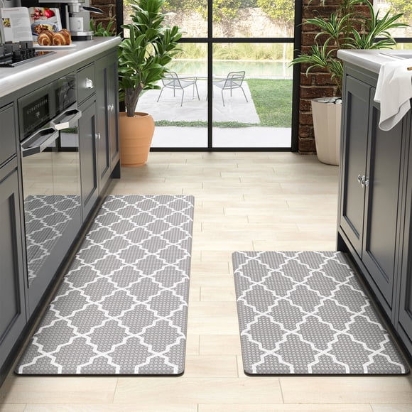 OEAKAY Kitchen Rugs and Mats 2 Piece Set,17.7"x29.5"+17.7"x59" Anti Fatigue Runner Rug Waterproof Memory Rug Cushioned Standing Mat,Light Gray
