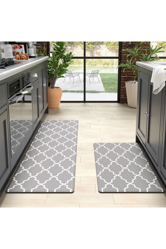 Kitchen Rugs and Mats 2 Piece Set,17.7"x29.5"+17.7"x59" Anti Fatigue Runner Rug Waterproof Memory Rug Cushioned Standing Mat,Light Gray