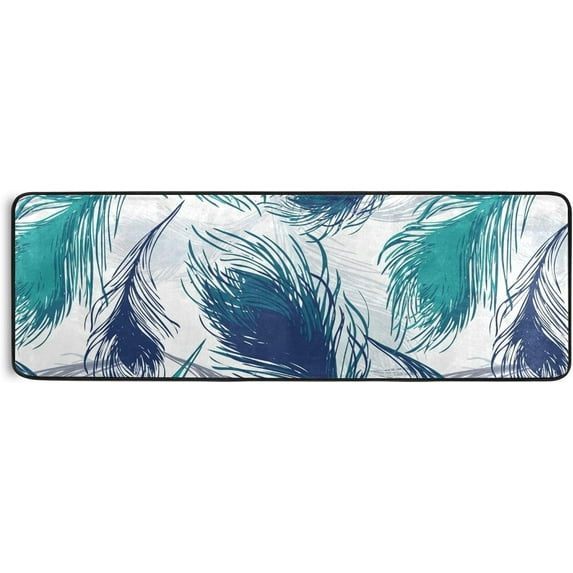 Kitchen Rugs and Mats Non-Skid Washable Runner Rugs Blue Feather Abstract Art Long 72x24 inch for Floor Cushioned Hallway Entryway Indoor 2x6