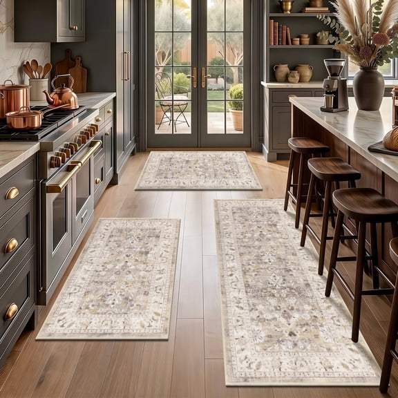Kitchen Rugs, Yamaziot Kitchen Rugs and Runners, Non Skid Washable Boho Farmhouse Kitchen Runner Rug Sets of 3, Beige