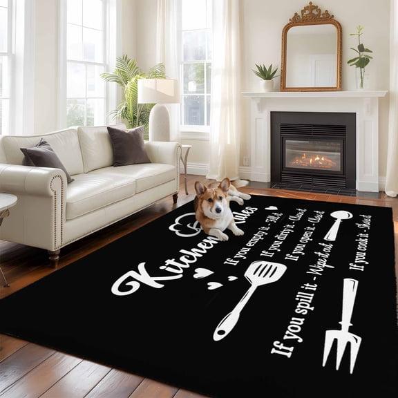 Kitchen Rules 5x7 Area Rugs for Living Room, Tableware Fork Tableware Black White Non Slip Floor Mat Washable Low-Profile Indoor Carpet for Bedroom, Dining Room, Bathroom