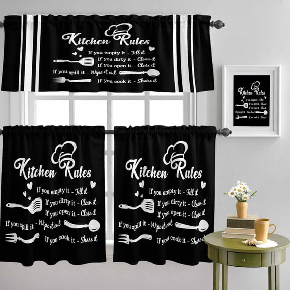 Kitchen Rules Black and White Curtain Tier and Valance Set 3 Piece, Kitchens Utensils Appliances 3-inch Rod Pocket Window Tier Curtains Valance for Kitchen Living Room