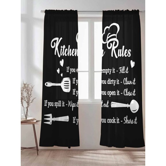 Kitchen Rules Black and White Sheer Curtains 2 Panels Set Kitchens Utensils Appliances Lihgt Filtering Rod Pocket Voile Drape,Semi Sheer Window Curtains for Bedroom Living Room,52"x84"