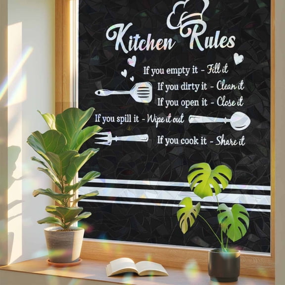 Kitchen Rules Black and White Window Privacy Film, Rainbow Film Decorative Window Sticker 17.7x39.3in, Kitchens Utensils Appliances Sun Blocking Static Stained Glass Cling Tint Non-Adhesive