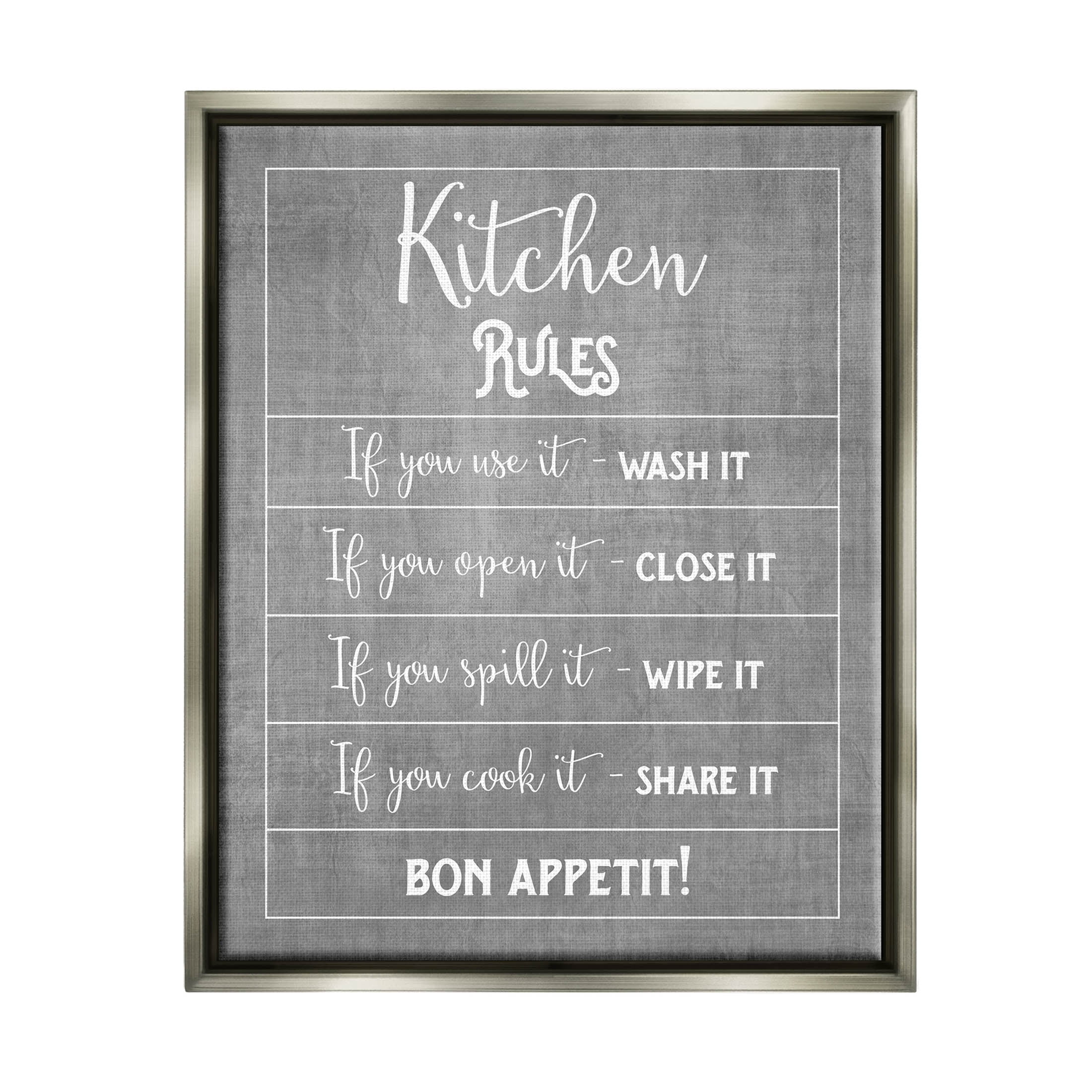 Kitchen Rules Bon Appetit Sign Typography Graphic Art Luster Gray Framed Art Print Wall Art