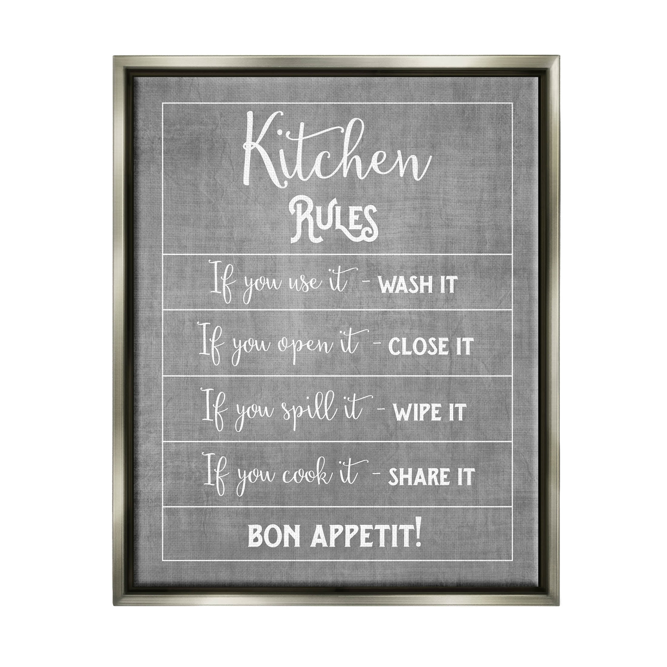 Kitchen Rules Bon Appetit Sign Typography Graphic Art Luster Gray Framed Art Print Wall Art