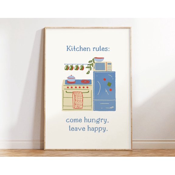 Kitchen Rules, Colorful Kitchen Poster, Kitchen Quote Dining Room Trendy Kitchen Decor, Cute Retro Kitchen Wall Art, Modern Wall Decor, 8x12 UNFRAMED