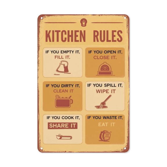Kitchen Rules Cook Share metal sign Vintage Diner Decor Humorous Sign Perfect Hanging Restaurant Food Truck Pantry With Cookware Theme Weatherproof Coating Chef Gift Mom Wife Her 8x12 inch metal