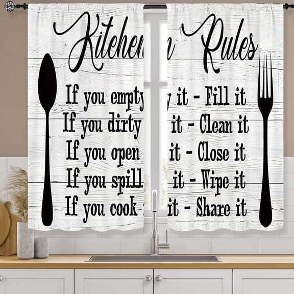 Kitchen Rules Curtains 27.5W X 39L Inch 2 Panels Rod Pocket Rustic Farmhouse Funny Vintage Modern Small Short Cafe Curtains Wood Inspirational Window Drapes Treatment Bathroom Home Decor