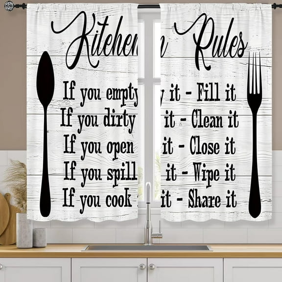 Kitchen Rules Curtains 27.5W X 39L Inch 2 Panels Rod Pocket Rustic Farmhouse Funny Vintage Modern Small Short Cafe Curtains Wood Inspirational Window Drapes Treatment Bathroom Home Decor