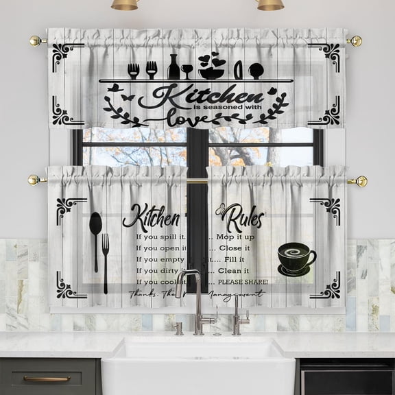 Kitchen Rules Curtains Valances and Tiers Set for Windows, Cafe Bathroom Window Curtain Valance 3 Piece Sets,Kitchen Decor for Living Room,54''''x 24''''