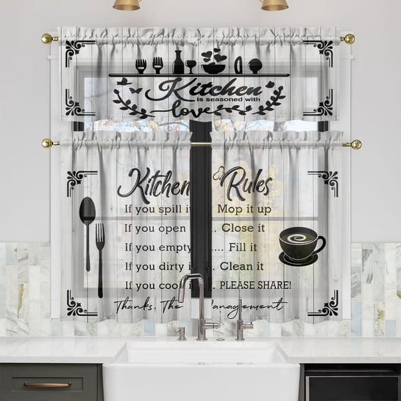 Kitchen Rules Curtains Valances and Tiers Set for Windows, Cafe Bathroom Window Curtain Valance 3 Piece Sets,Kitchen Decor for Living Room,54''''x 36''''