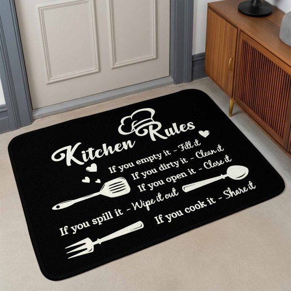 Kitchen Rules Front Door Mat Indoor Entrance, Tableware Fork Tableware Black White Absorbent Dirt Resist Welcome Mats Non-Slip Low-Profile Doormat Washable Entry Rug Indoor Outdoor 17x30 Inch