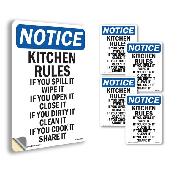 Kitchen Rules If You Spill It OSHA Notice Vinyl Decal Label 10 Inch x 7 Inch - 5 Pack