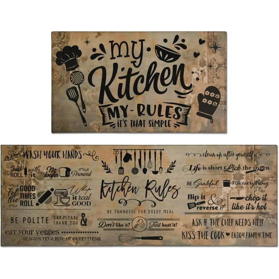 Kitchen Rules Kitchen Rugs Sets of 2, Boho Brown Vintage Farmhouse Home Kitchen Rugs and Mats, Washable Non Skid Absorbent Microfiber Kitchen Floor Decor Mat 17"x 47"+17"x 30"