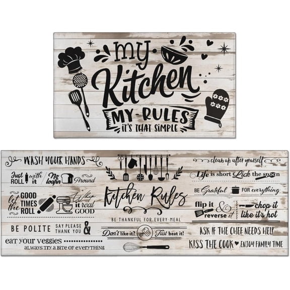 Kitchen Rules Kitchen Rugs Sets of 2, White Wood Vintage Farmhouse Home Kitchen Rugs and Mats, Washable Non Skid Absorbent Microfiber Kitchen Floor Decor Mat 17"x 47"+17"x 30"