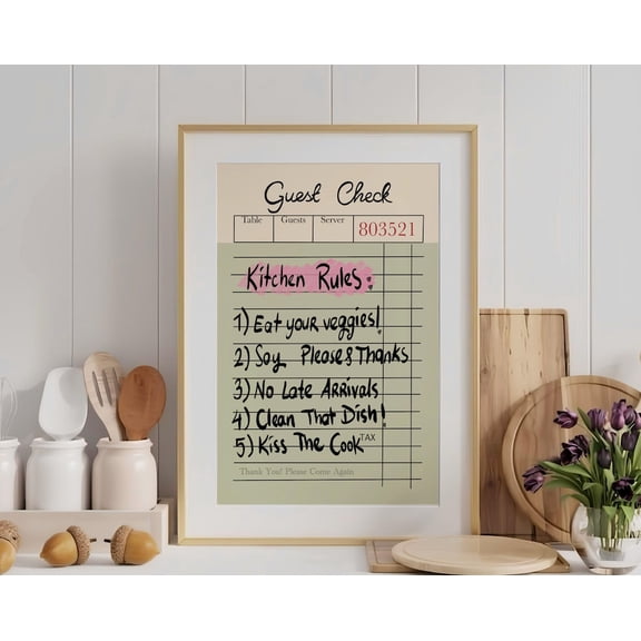 Kitchen Rules Print, Guest Check Wall Art, Kitchen Poster, Sage Green Wall Art, Trendy Quotes , Guest Check Funky Rules Poster for mom, Unframed Paper Poster 8x10in
