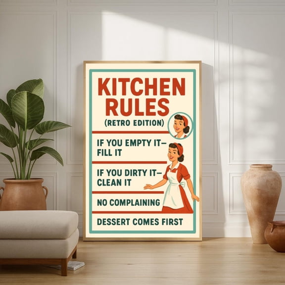 Kitchen Rules Retro Edition Poster – Vintage Kitchen Wall Art, Mid-Century Style, Unframed Paper Poster 8x10in