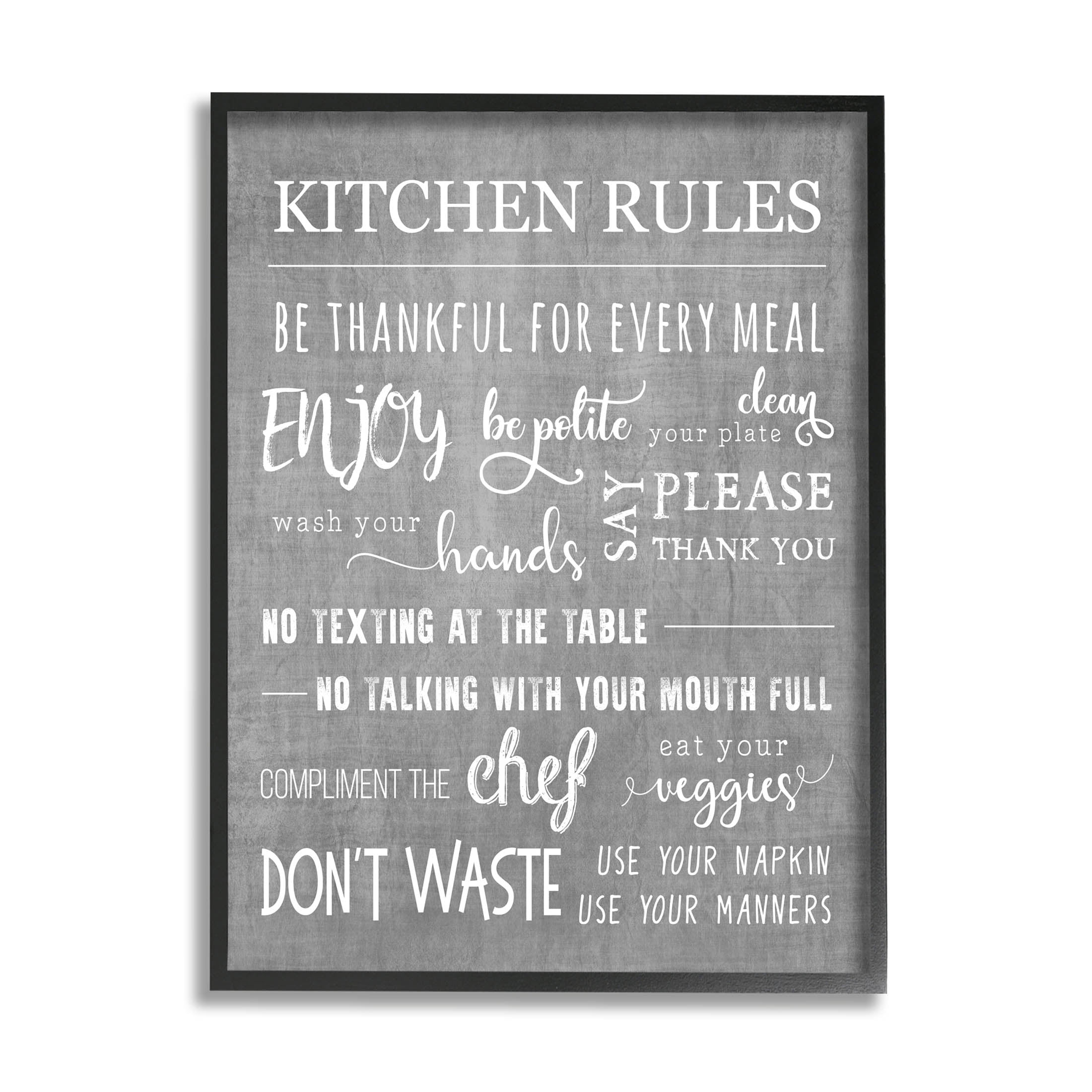 Kitchen Rules Rustic Grey List Typography Graphic Art Black Framed Art Print Wall Art