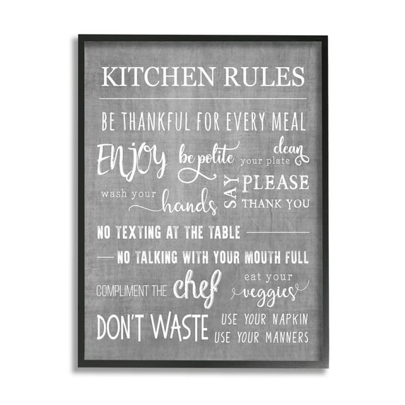 Kitchen Rules Rustic Grey List Typography Graphic Art Black Framed Art Print Wall Art