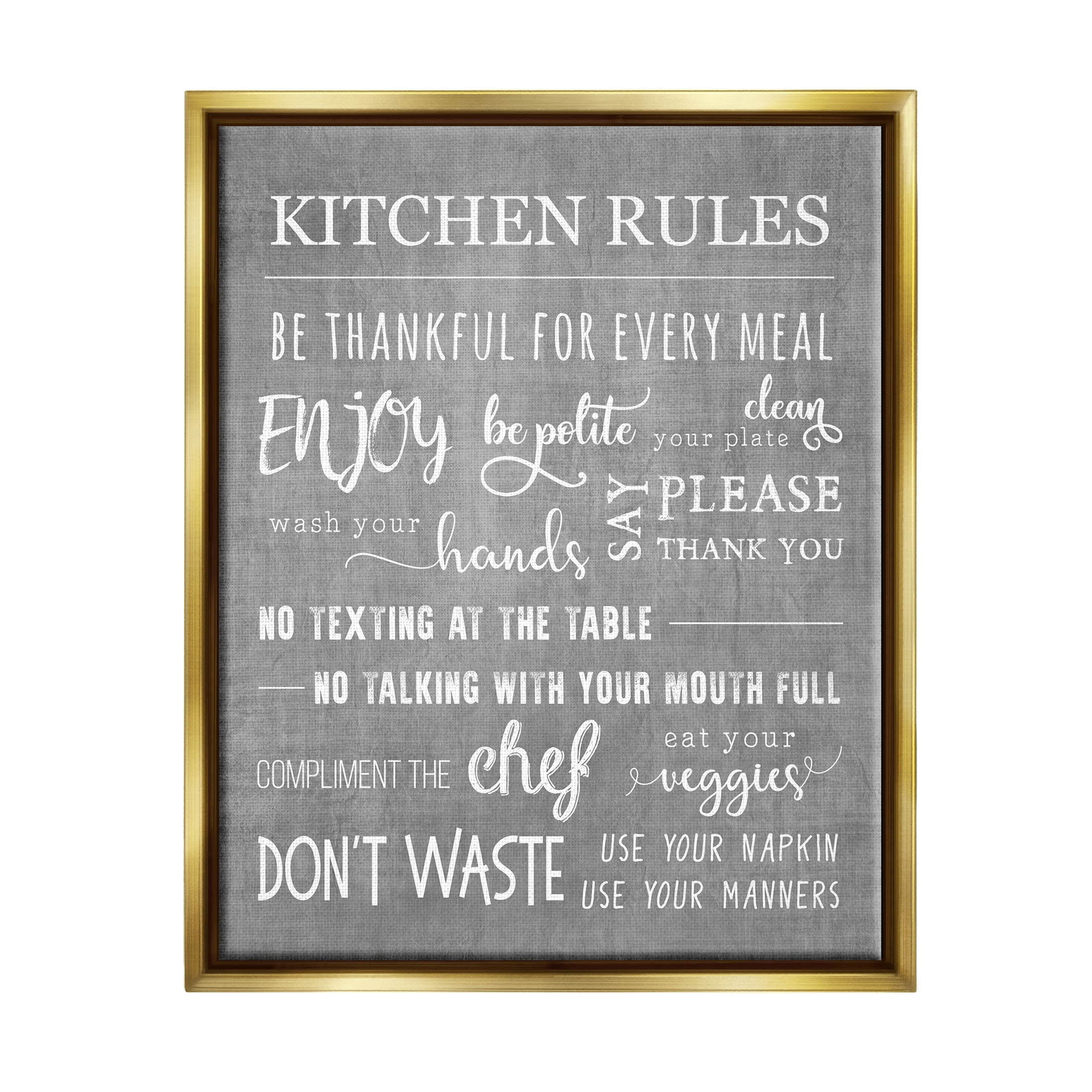 Kitchen Rules Rustic Grey List Typography Graphic Art Metallic Gold Framed Art Print Wall Art