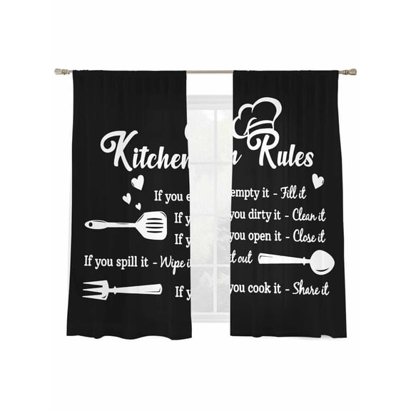 Kitchen Rules Sheer Curtains 63 inches Long 2 Panels Set Tableware Fork Tableware Black White Tiers Sheers Rod Pocket Small Window Short Curtains for Kitchen Cafe, Each 52" W x 63" L