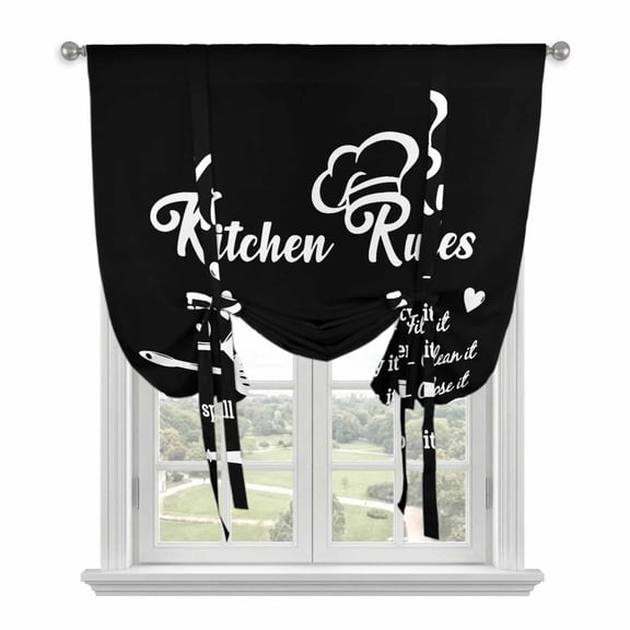 Kitchen Rules Tie Up Curtain 63 Inches Long, Tableware Fork Tableware Balloon Style Kitchen Window Curtain Over Sink, Small Window Rod Pocket Curtain 52"x63"