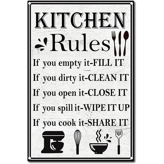 Kitchen Rules Tin Sign Vintage Funny Metal Wall Decor Decoration Art Mural Hanging Iron Painting for Home Garden Bar Pub Kitchen Living Room Office Garage Poster Plaque 12 x 8inch