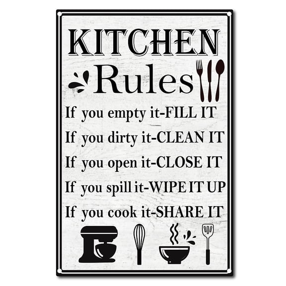 Kitchen Rules Tin Sign Vintage Funny Metal Wall Decor Decoration Art Mural Hanging Iron Painting for Home Garden Bar Pub Kitchen 12 x 8inch