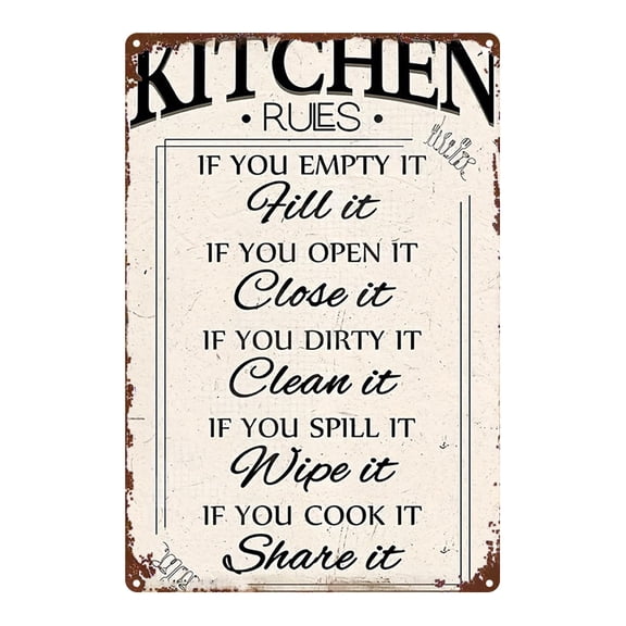 "Kitchen Rules" Vintage Metal Sign, Aluminum Wall Decor Plaque, 8x12 Inch Country Cottage Clean Up Sign for Home, Kitchen, Dining Room, Cafe