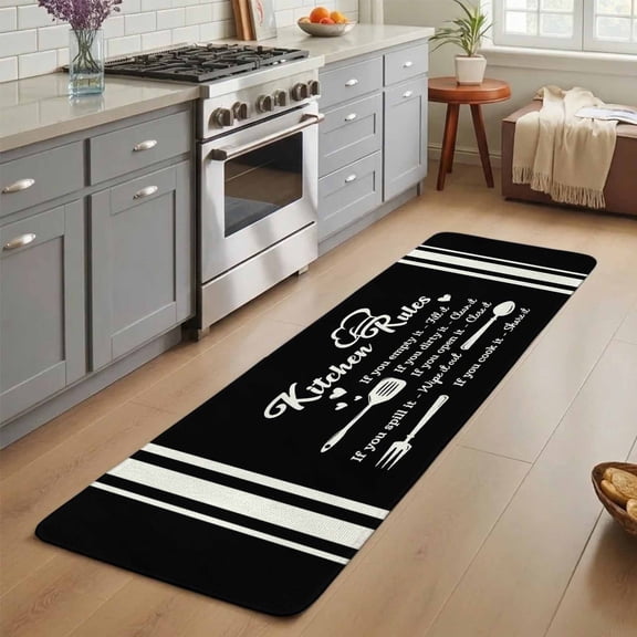 Kitchen Rules Washable Runner Rug 3X5 ft Tableware Fork Tableware Black White Non-Slip Hallway Runner Rug, Linen Kitchen Runner Mats, Indoor Floor Carpet for Entryway Bathroom Bedroom Living Room