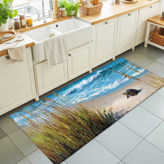 Kitchen Runner 2 x 6 Ft, Beach Coastal Non-Slip Residential Carpet, Summer Nautical Seaside Ocean Sea Turtle Indoor Crawling Mats Runner Rugs for Living Room/Dining Room/Bedroom