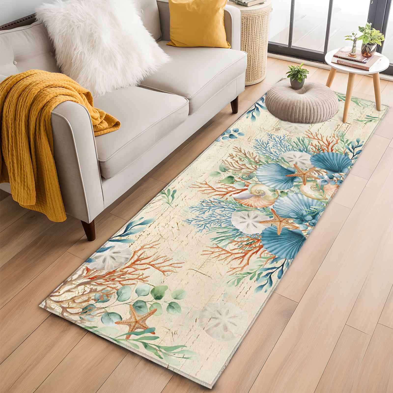 Kitchen Runner 2 x 6 Ft, Beige Beach Coastal Non-Slip Residential Carpet, Summer Nautical Coral Shell Botanical Indoor Crawling Mats Runner Rugs for Living Room/Dining Room/Bedroom