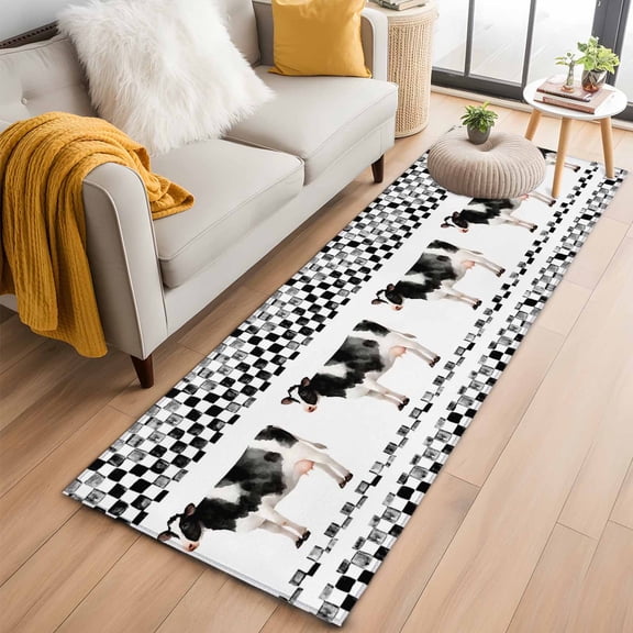 Kitchen Runner 2 x 6 Ft, Black Plaid Farmhouse Non-Slip Residential Carpet, Watercolor Cute Country Cow Checkered Indoor Crawling Mats Runner Rugs for Living Room/Dining Room/Bedroom