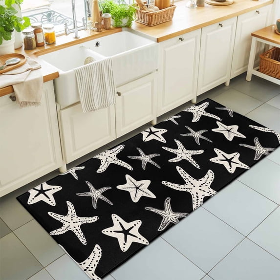 Kitchen Runner 2 x 6 Ft, Black Starfish Coastal Non-Slip Residential Carpet, Nautical Summer Ocean Abstract Art Indoor Crawling Mats Runner Rugs for Living Room/Dining Room/Bedroom