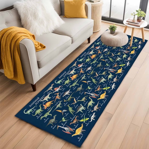 Kitchen Runner 2 x 6 Ft, Blue Dinosaur Non-Slip Residential Carpet, Vintage Letters Farm Animals Indoor Crawling Mats Runner Rugs for Living Room/Dining Room/Bedroom