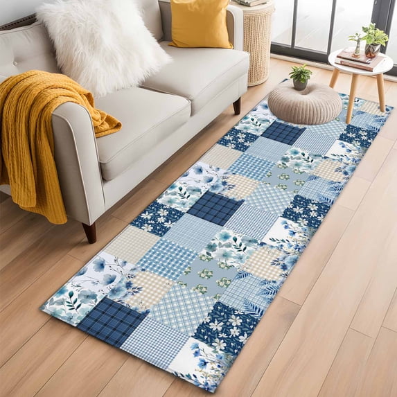 Kitchen Runner 2 x 6 Ft, Blue Floral Non-Slip Residential Carpet, Spring Flowers Plants Patchwork Grid Bohemia Indoor Crawling Mats Runner Rugs for Living Room/Dining Room/Bedroom