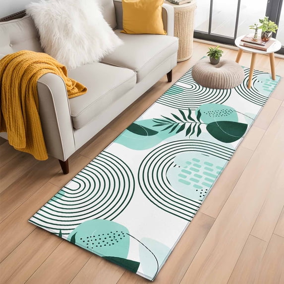 Kitchen Runner 2 x 6 Ft, Boho Geometric Non-Slip Residential Carpet, Aqua Ethnic Abstract Stripes Leaves Indoor Crawling Mats Runner Rugs for Living Room/Dining Room/Bedroom